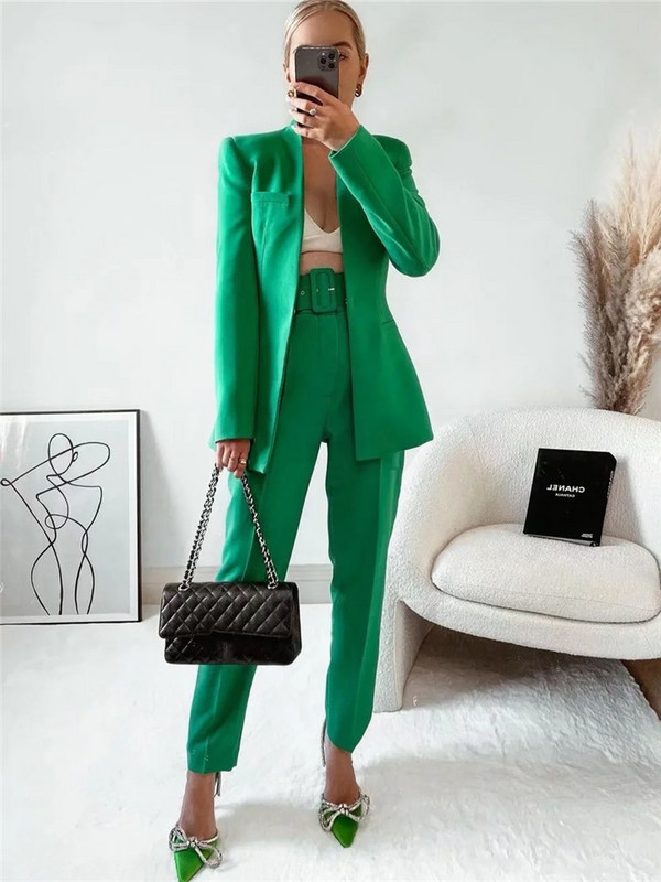 Női elegáns zöld karcsú blézer öltöny 2022 tavaszi ősz női édes, tömör ceruzanadrág öltöny Női alap blézer 2 db szett