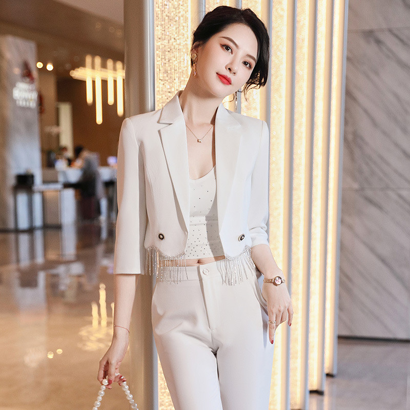 Fekete vékony női öltöny nyári felsőkategóriás temperamentum divatos vékony rövid blézer és nadrág szett irodai női munkaruha