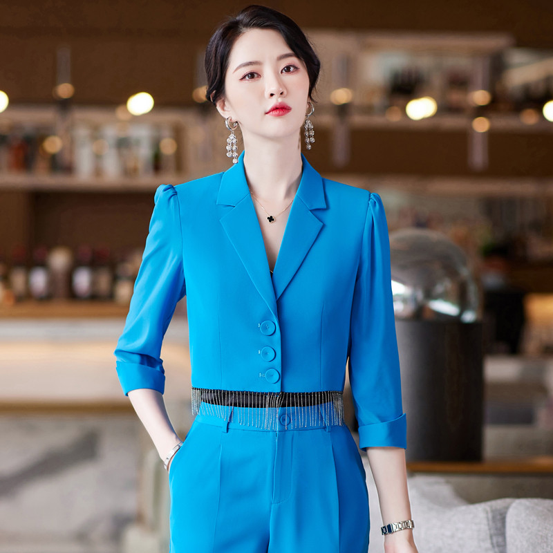 Kiváló minőségű alkalmi bojt női öltöny nadrág kétrészes szett 2022 új nyári elegáns női fehér blézer dzseki üzleti öltözék