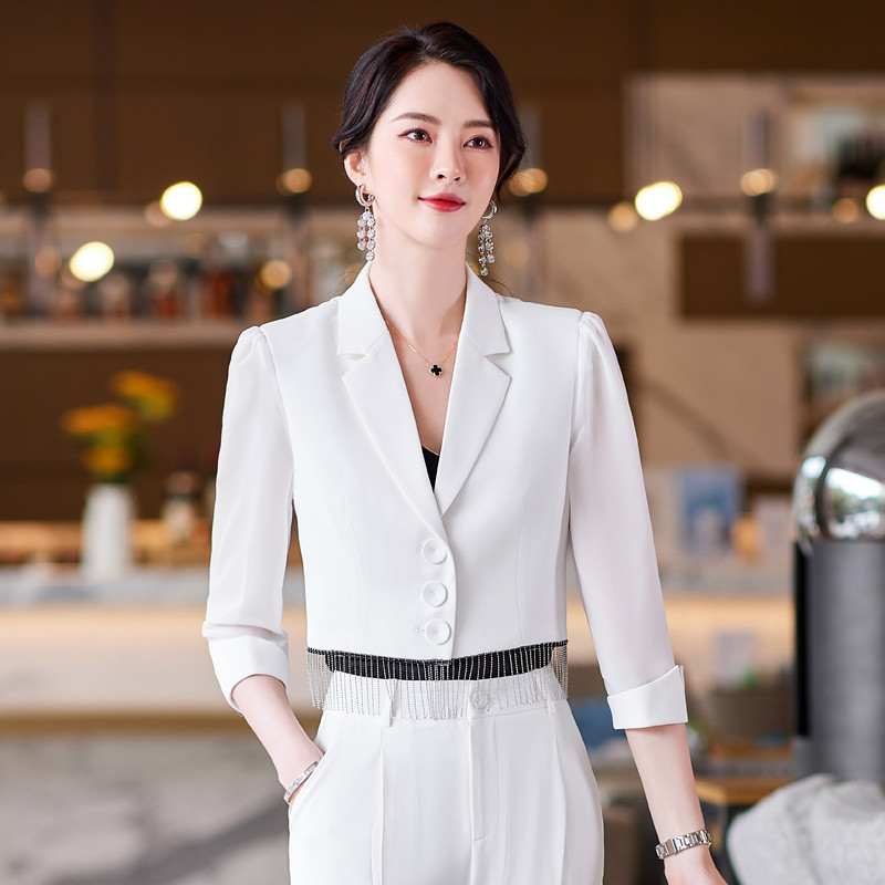Kiváló minőségű alkalmi bojt női öltöny nadrág kétrészes szett 2022 új nyári elegáns női fehér blézer dzseki üzleti öltözék