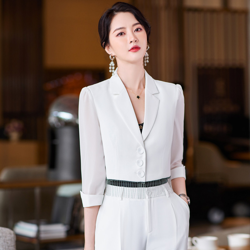 Kiváló minőségű alkalmi bojt női öltöny nadrág kétrészes szett 2022 új nyári elegáns női fehér blézer dzseki üzleti öltözék
