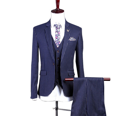 Мъжки костюм 3 бр. Сватбен мъжки костюм на ивици, блейзър с остри ревери, бизнес смокинги с назъбени ревери, блейзър + жилетка + панталон