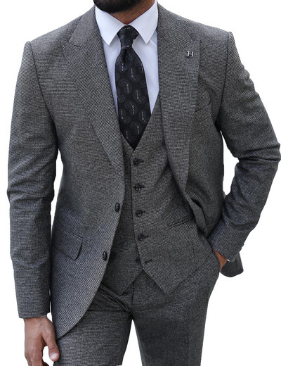 Háromrészes férfi öltöny, kockás Peak Lapel formális kényelmi öltöny esküvői bulikhoz (blézer+mellény+nadrág)