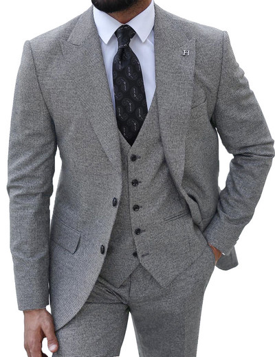 Háromrészes férfi öltöny, kockás Peak Lapel formális kényelmi öltöny esküvői bulikhoz (blézer+mellény+nadrág)