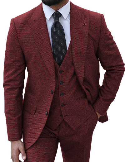 Háromrészes férfi öltöny, kockás Peak Lapel formális kényelmi öltöny esküvői bulikhoz (blézer+mellény+nadrág)