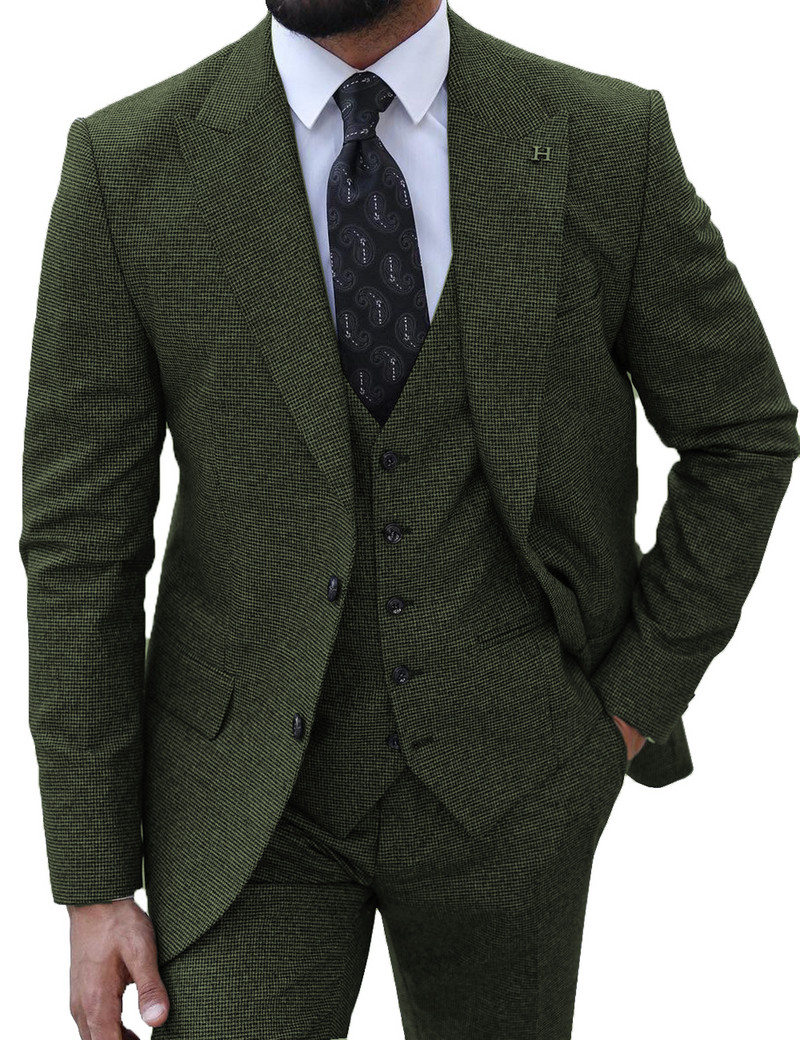 Háromrészes férfi öltöny, kockás Peak Lapel formális kényelmi öltöny esküvői bulikhoz (blézer+mellény+nadrág)