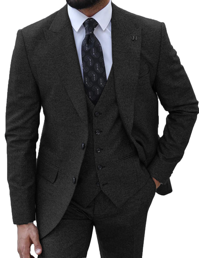 Háromrészes férfi öltöny, kockás Peak Lapel formális kényelmi öltöny esküvői bulikhoz (blézer+mellény+nadrág)