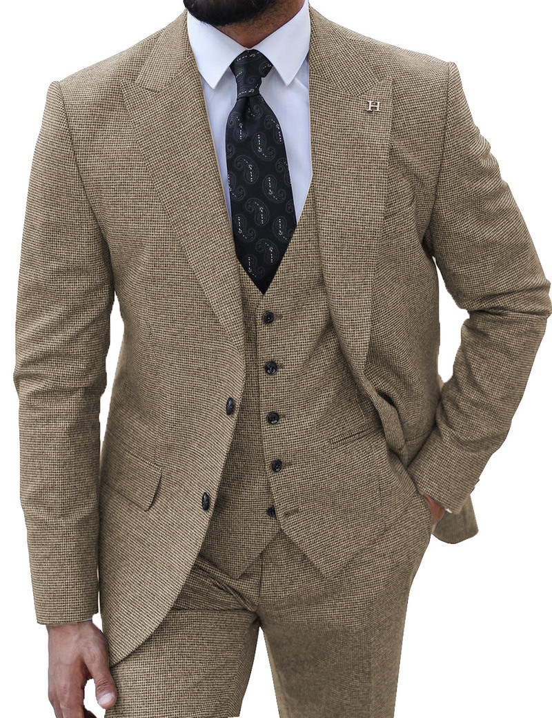 Háromrészes férfi öltöny, kockás Peak Lapel formális kényelmi öltöny esküvői bulikhoz (blézer+mellény+nadrág)