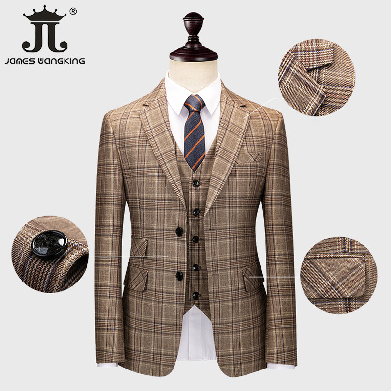 ( kabát + mellény + nadrág) 5XL barna retro kockás öltöny tavaszi és őszi brit stílusú férfi öltöny vőlegény esküvői ruha klasszikus 3 részes