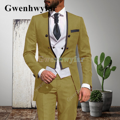 Gwenhwyfar 2021 alkalmi vőlegény szmokingok, divatos férfi esküvői öltönyök, 3 részes szett, egyedi báli, V-nyakú blézer Terno Masculino