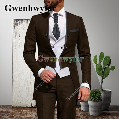 Gwenhwyfar 2021 alkalmi vőlegény szmokingok, divatos férfi esküvői öltönyök, 3 részes szett, egyedi báli, V-nyakú blézer Terno Masculino