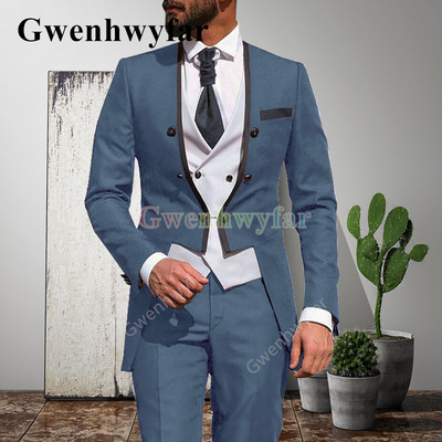 Gwenhwyfar 2021 alkalmi vőlegény szmokingok, divatos férfi esküvői öltönyök, 3 részes szett, egyedi báli, V-nyakú blézer Terno Masculino