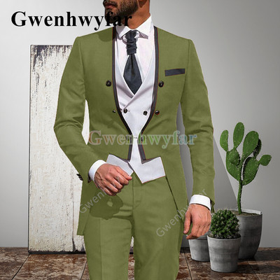 Gwenhwyfar 2021 alkalmi vőlegény szmokingok, divatos férfi esküvői öltönyök, 3 részes szett, egyedi báli, V-nyakú blézer Terno Masculino