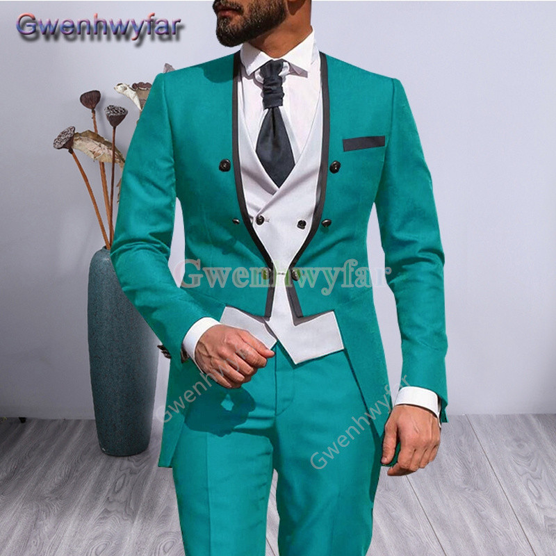 Gwenhwyfar 2021 alkalmi vőlegény szmokingok, divatos férfi esküvői öltönyök, 3 részes szett, egyedi báli, V-nyakú blézer Terno Masculino