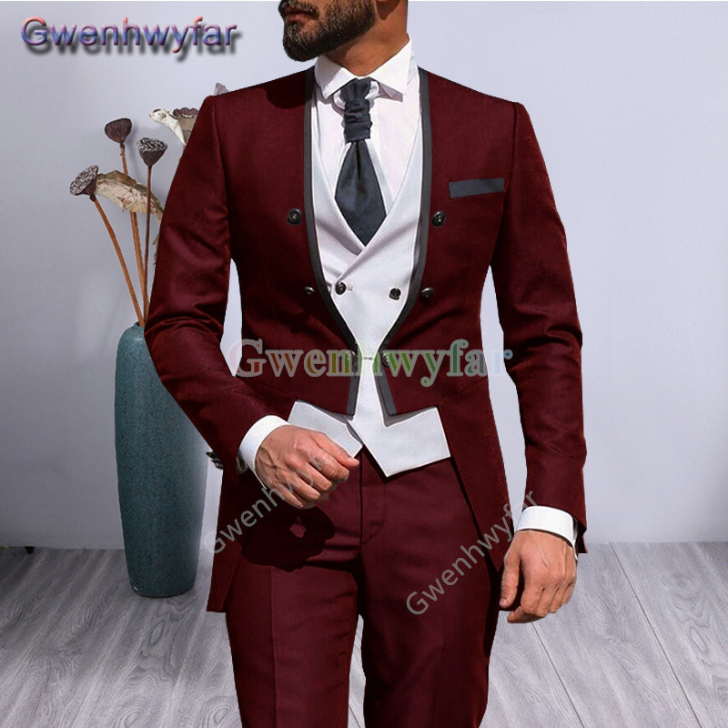 Gwenhwyfar 2021 alkalmi vőlegény szmokingok, divatos férfi esküvői öltönyök, 3 részes szett, egyedi báli, V-nyakú blézer Terno Masculino