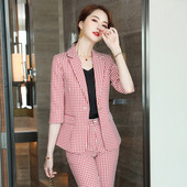 Női öltöny blézer szett tavaszi nyár divat kockás irodai női viselet fél ujjú felsők és nadrágok Női munkaruhák S-4XL