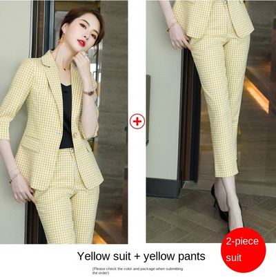 Női öltöny blézer szett tavaszi nyár divat kockás irodai női viselet fél ujjú felsők és nadrágok Női munkaruhák S-4XL