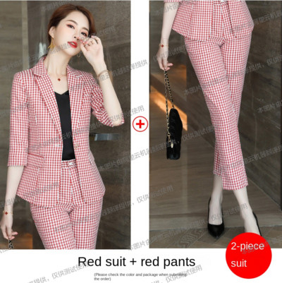 Női öltöny blézer szett tavaszi nyár divat kockás irodai női viselet fél ujjú felsők és nadrágok Női munkaruhák S-4XL