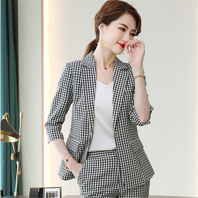 Női öltöny blézer szett tavaszi nyár divat kockás irodai női viselet fél ujjú felsők és nadrágok Női munkaruhák S-4XL