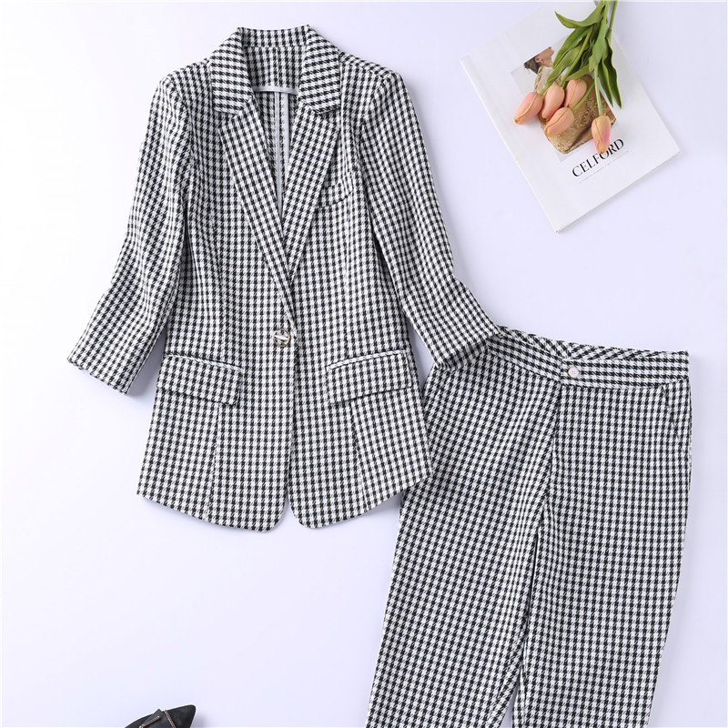 Női öltöny blézer szett tavaszi nyár divat kockás irodai női viselet fél ujjú felsők és nadrágok Női munkaruhák S-4XL
