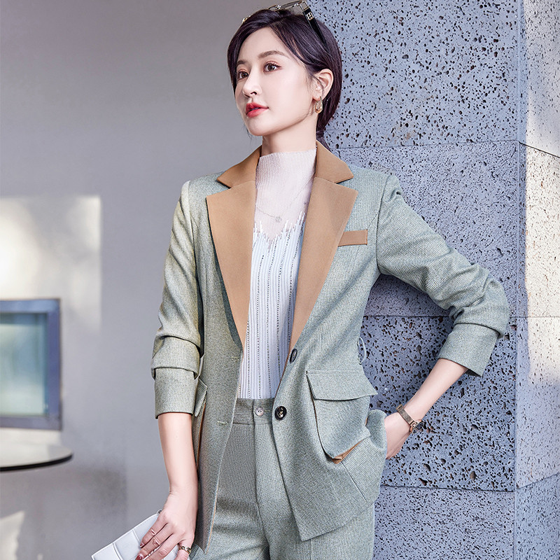 Patchwork kabát+nadrág női öltöny, női irodai egyenruha, női formális nadrágkosztüm, egysoros női 2 részes szett