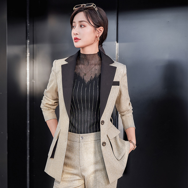 Patchwork kabát+nadrág női öltöny, női irodai egyenruha, női formális nadrágkosztüm, egysoros női 2 részes szett