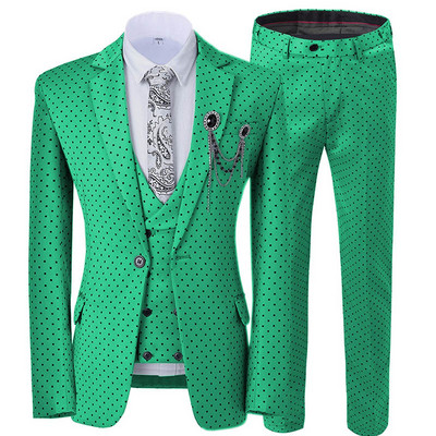 Három részes férfi esküvői öltöny, háromrészes, pöttyös, nyomott, bevágásos hajtóka, szmoking frakk, legjobb férfi, kétsoros mellény