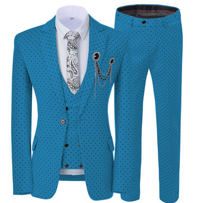 Három részes férfi esküvői öltöny, háromrészes, pöttyös, nyomott, bevágásos hajtóka, szmoking frakk, legjobb férfi, kétsoros mellény