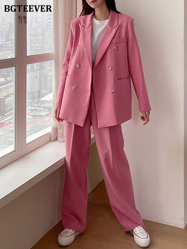 BGTEEVER Elegáns, bő női nadrágkosztümök, kétsoros, teljes ujjú dzsekik és öltönynadrágok, női 2 részes blézerkészlet
