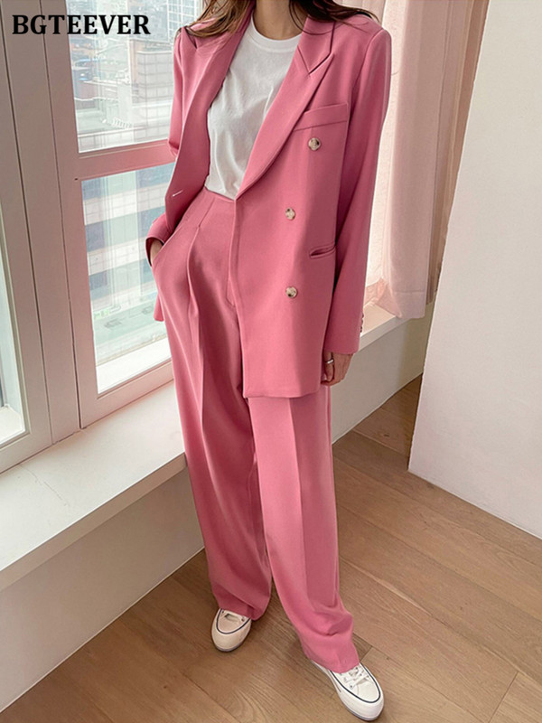 BGTEEVER Elegáns, bő női nadrágkosztümök, kétsoros, teljes ujjú dzsekik és öltönynadrágok, női 2 részes blézerkészlet