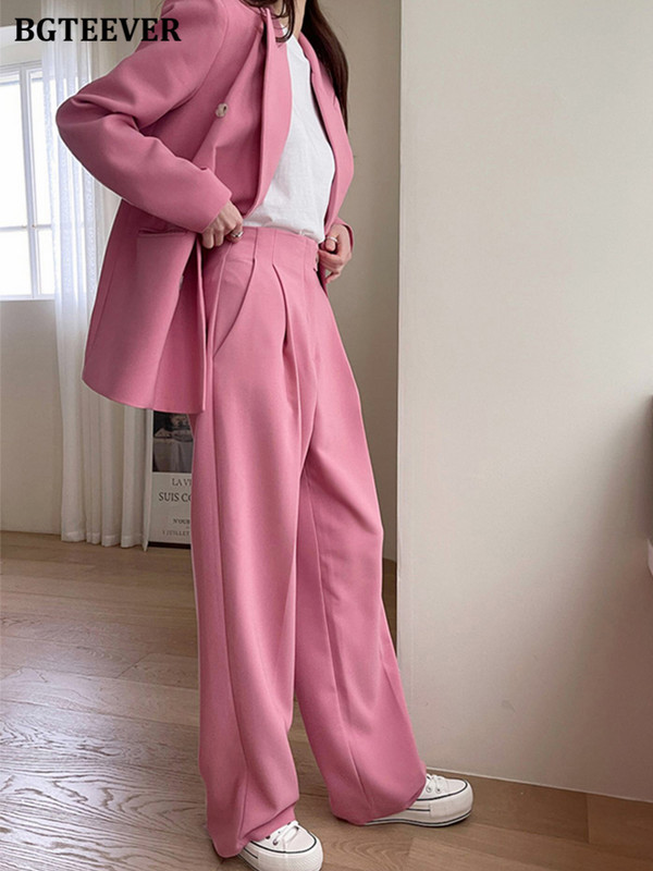 BGTEEVER Elegáns, bő női nadrágkosztümök, kétsoros, teljes ujjú dzsekik és öltönynadrágok, női 2 részes blézerkészlet