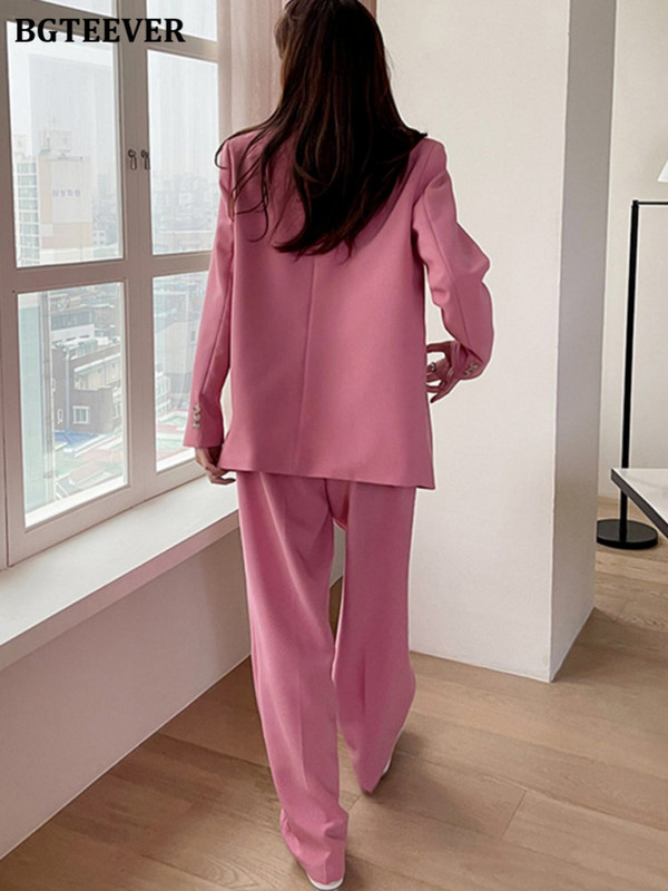 BGTEEVER Elegáns, bő női nadrágkosztümök, kétsoros, teljes ujjú dzsekik és öltönynadrágok, női 2 részes blézerkészlet