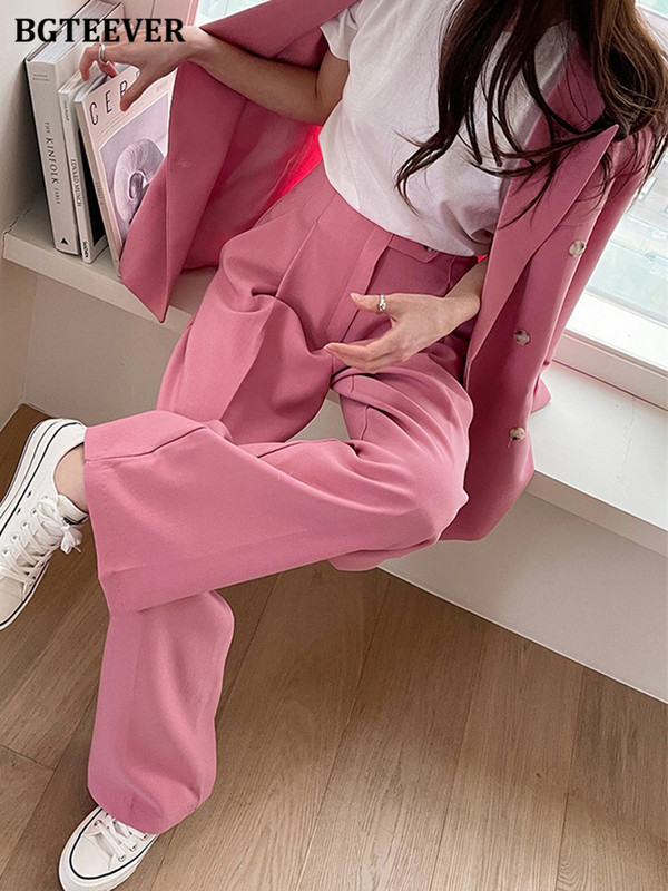 BGTEEVER Elegáns, bő női nadrágkosztümök, kétsoros, teljes ujjú dzsekik és öltönynadrágok, női 2 részes blézerkészlet