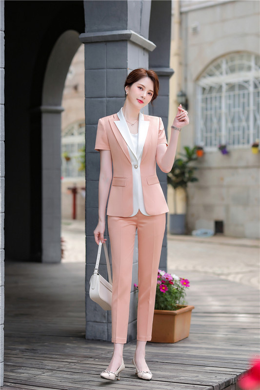 Női divat, új nyári nadrágkosztüm, üzleti temperamentum, rövid ujjú karcsú blézer és nadrág irodai női munkaruha, 2 részes szett