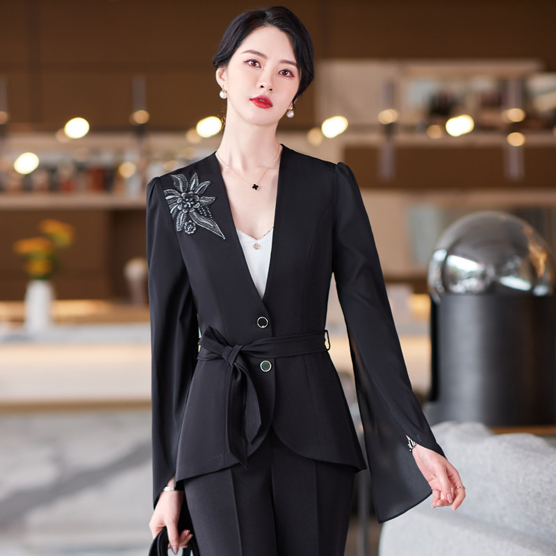 Női tavaszi nyári nadrágkosztüm irodai hölgy elegáns formális viselet, kétrészes szett Női divat hímzés üzleti nadrágkosztüm