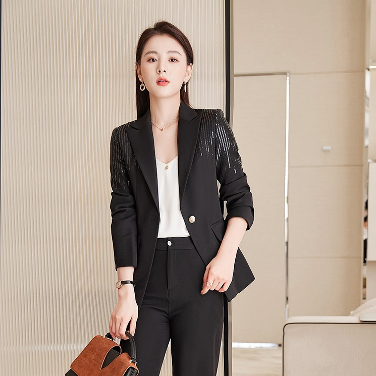 Khaki fekete öltönyök női elegancia öltöny Higt Eed Formal Business Slim blézer és nadrág irodai női divat flitterek munkaruha