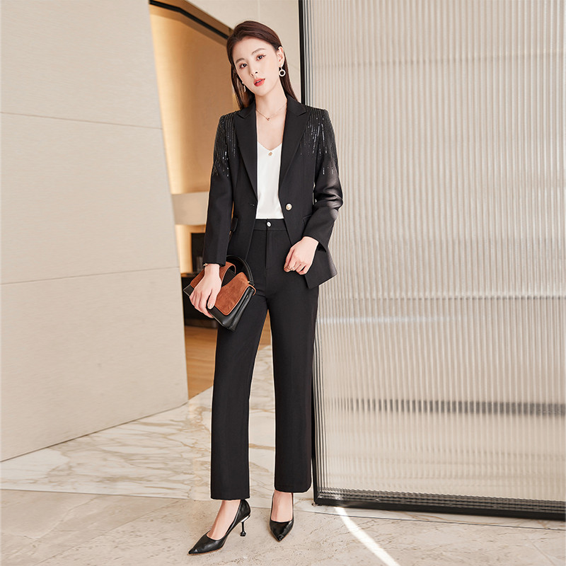 Khaki fekete öltönyök női elegancia öltöny Higt Eed Formal Business Slim blézer és nadrág irodai női divat flitterek munkaruha