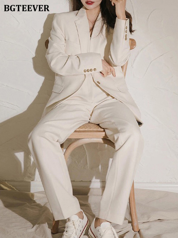 BGTEEVER irodai női 2 részes blézer szett, hosszú ujjú, egygombos dzsekik és széles szárú nadrágok új őszi női nadrágkosztümök