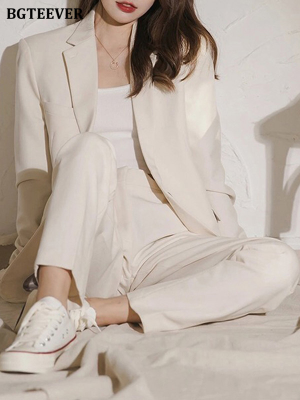 BGTEEVER irodai női 2 részes blézer szett, hosszú ujjú, egygombos dzsekik és széles szárú nadrágok új őszi női nadrágkosztümök