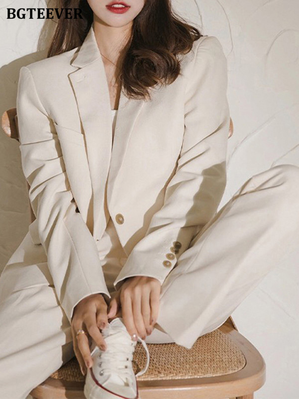 BGTEEVER irodai női 2 részes blézer szett, hosszú ujjú, egygombos dzsekik és széles szárú nadrágok új őszi női nadrágkosztümök