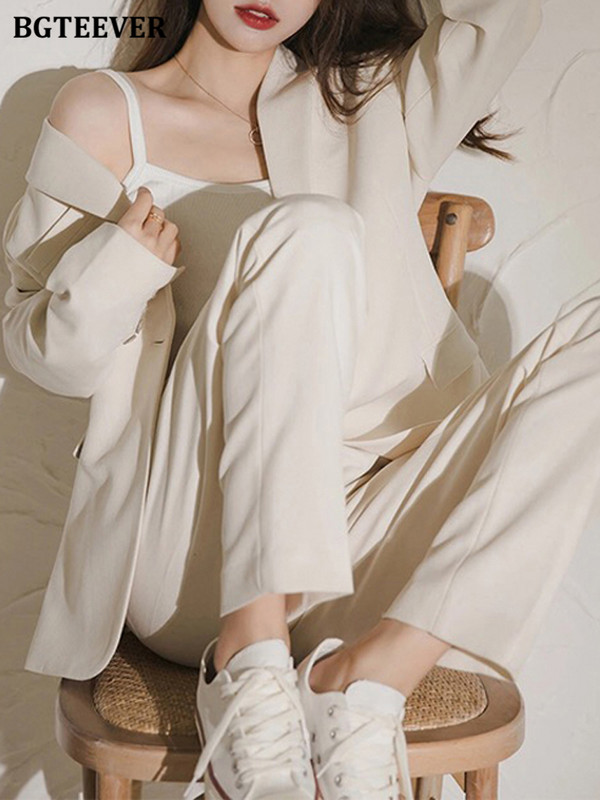 BGTEEVER irodai női 2 részes blézer szett, hosszú ujjú, egygombos dzsekik és széles szárú nadrágok új őszi női nadrágkosztümök