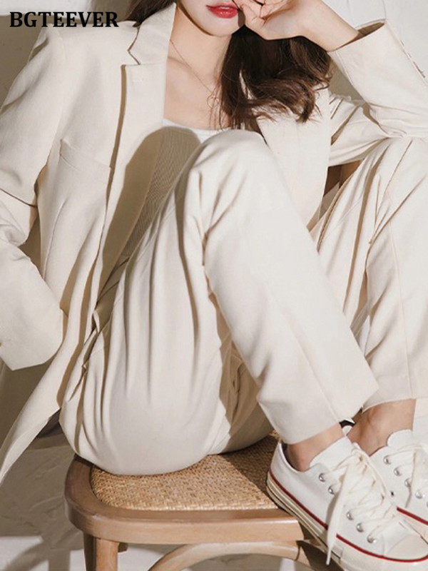 BGTEEVER irodai női 2 részes blézer szett, hosszú ujjú, egygombos dzsekik és széles szárú nadrágok új őszi női nadrágkosztümök