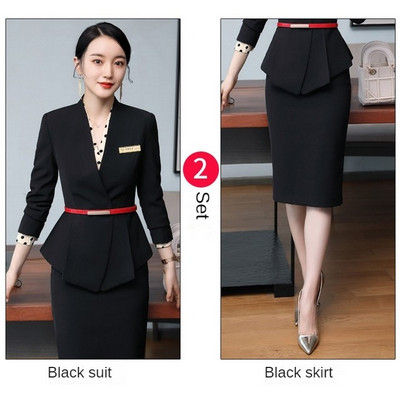 Professzionális szoknya öltönyök Női Elegáns Divat Szállodai Recepció Ünnepi viselet Irodai női munkaruházat Blézer szettek Femenino