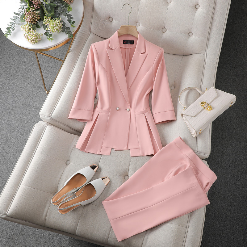 NAVIU Fashion női öltönyök új tavaszi nyár porfessional temperamentum fél ujjú karcsú blézer és nadrág irodai női munkaruha