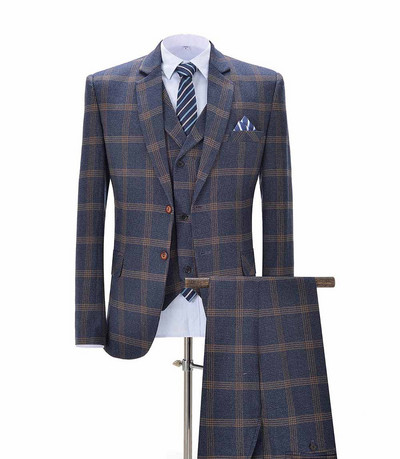 2020-as új, narancssárga férfi kockás öltönyök, 3 részes, formális, rovátkolt hajtókás üzleti szmoking Vőfélyek esküvőre (blézer+mellény+nadrág)