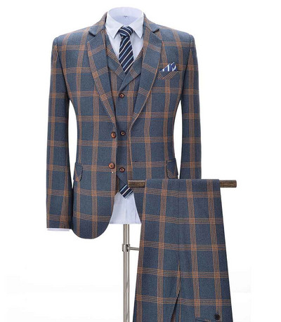 2020-as új, narancssárga férfi kockás öltönyök, 3 részes, formális, rovátkolt hajtókás üzleti szmoking Vőfélyek esküvőre (blézer+mellény+nadrág)