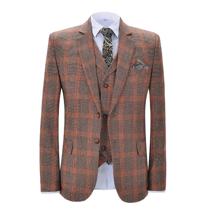 2020-as új, narancssárga férfi kockás öltönyök, 3 részes, formális, rovátkolt hajtókás üzleti szmoking Vőfélyek esküvőre (blézer+mellény+nadrág)