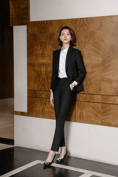 Csúcsminőségű temperamentum kék öltönyök, professzionális új tavaszi divat formális, vékony, hosszú ujjú blézer és szoknya, női munkaruha