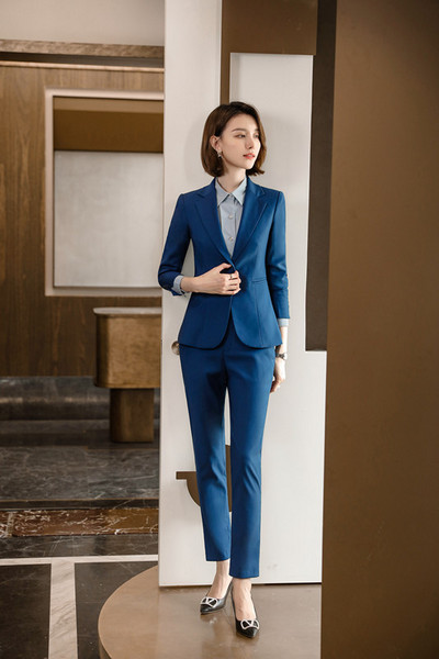 Csúcsminőségű temperamentum kék öltönyök, professzionális új tavaszi divat formális, vékony, hosszú ujjú blézer és szoknya, női munkaruha