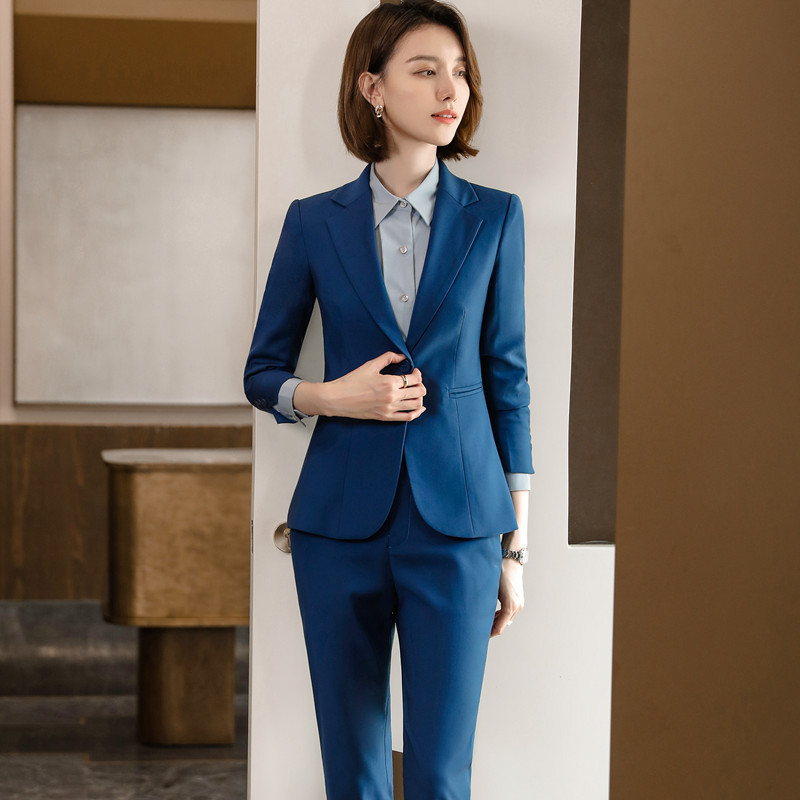 Csúcsminőségű temperamentum kék öltönyök, professzionális új tavaszi divat formális, vékony, hosszú ujjú blézer és szoknya, női munkaruha